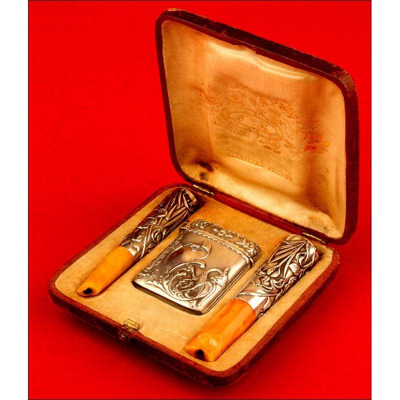 Portuguese Art Nouveau Silver Cigarette Case - Circa 1900 - Antique Sage