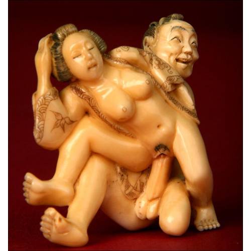 Antique Japanese Erotic Netsuke, Hand Carved Ivory. Signed