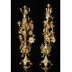 Pareja de Candelabros de Iglesia Franceses en Bronce Dorado. 72 cms Altura. Siglo XIX, en Excelente Estado