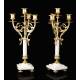 Beautiful Pair of Candelabra in Gilded Bronze and Marble. France, XIX Century