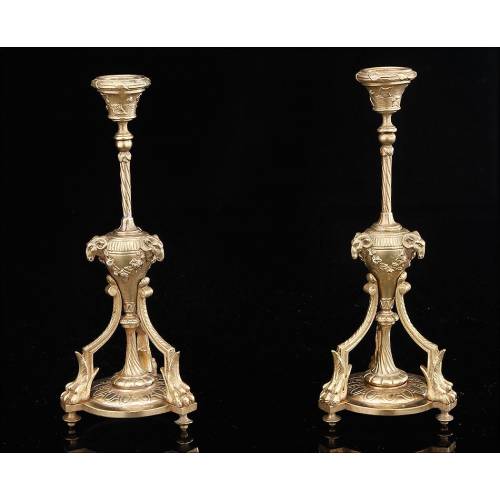 Elegant Pair of Antique Bronze Candlesticks. France, XIX Century