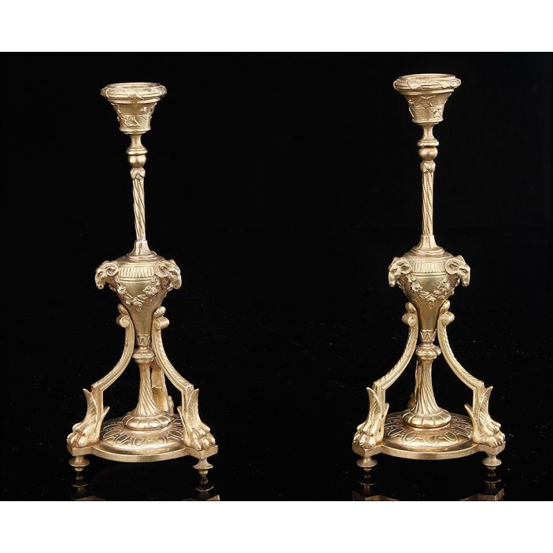 Elegant Pair of Antique Bronze Candlesticks. France, XIX Century