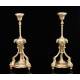 Elegant Pair of Antique Bronze Candlesticks. France, XIX Century