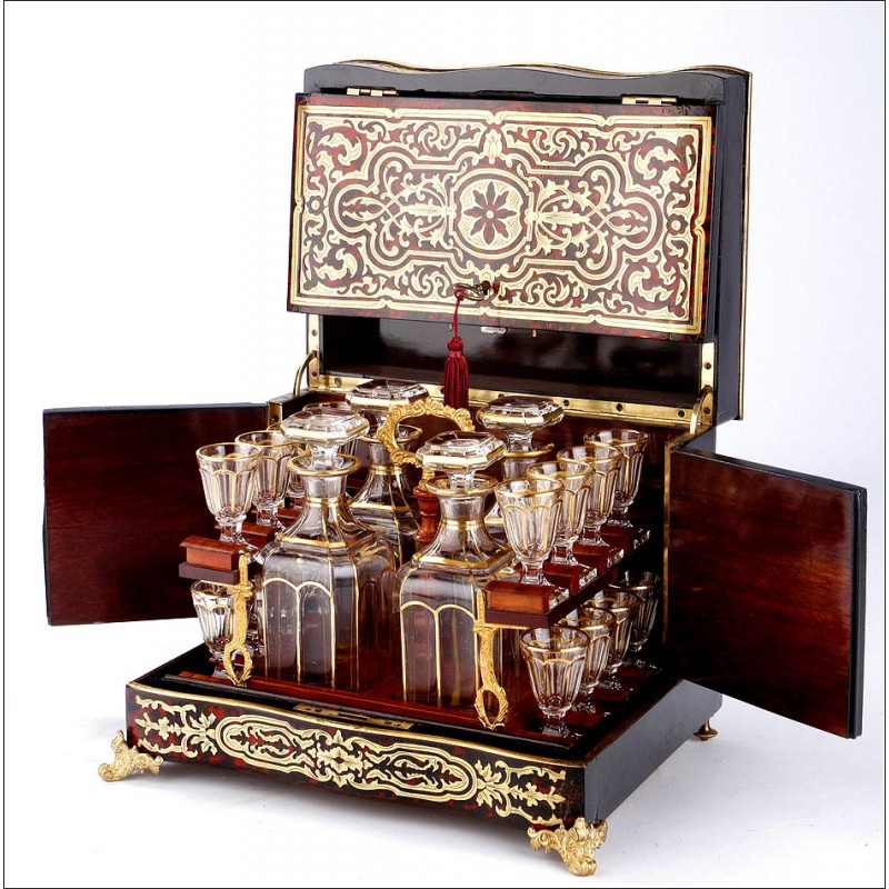 Magnificent Antique Decorated Liquor Cabinet with Boulle Machetery. France, Circa 1870