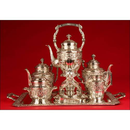 Spectacular Solid Silver Coffee Set and Samovar. Spain ½ s. XX.