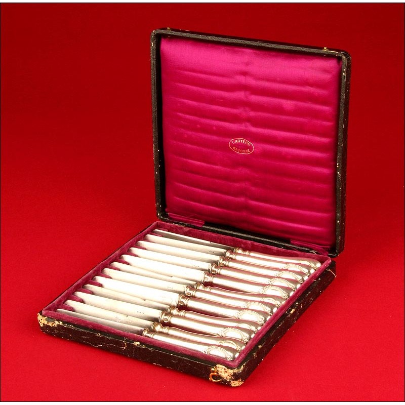 Decorative case with 12 Dessert Knives in Solid Silver. France, S.XIX.