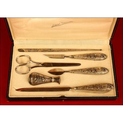 French Desk Set in Solid Silver and Art Nouveau Style Circa 1920s