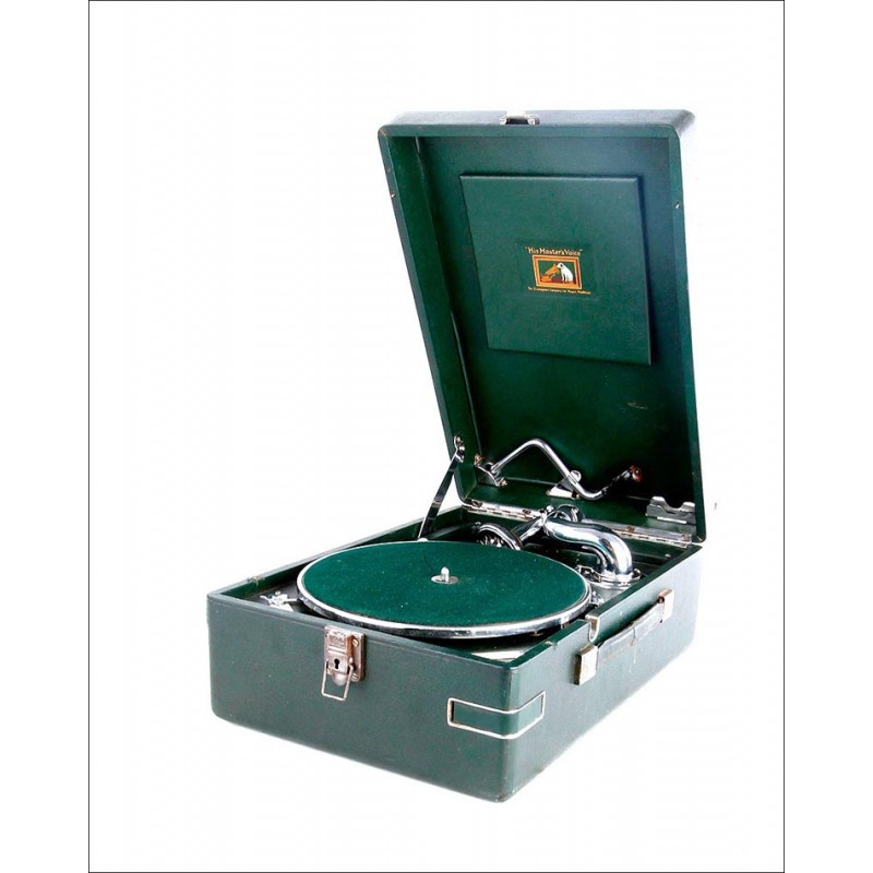 Elegant Antique Suitcase Gramophone His Master's Voice. Model 102C. Great Britain, 1939