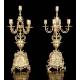 Antique set of mantel clock and pair of candlesticks. France, 19th Century