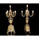 Antique set of mantel clock and pair of candlesticks. France, 19th Century