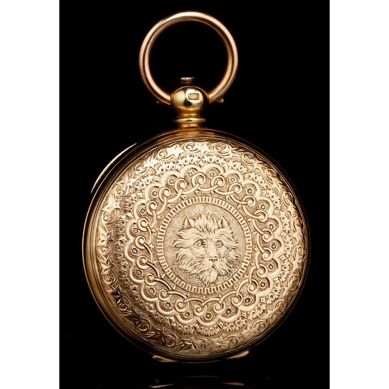 galón válvula conversacion Impresionante Reloj de Bolsillo Antiguo de Oro 18K Macizo. G. A. Huguenin.  Suiza, 1870