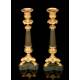 Antique Candlesticks in Gilded and Patinated Bronze. France, XIX Century