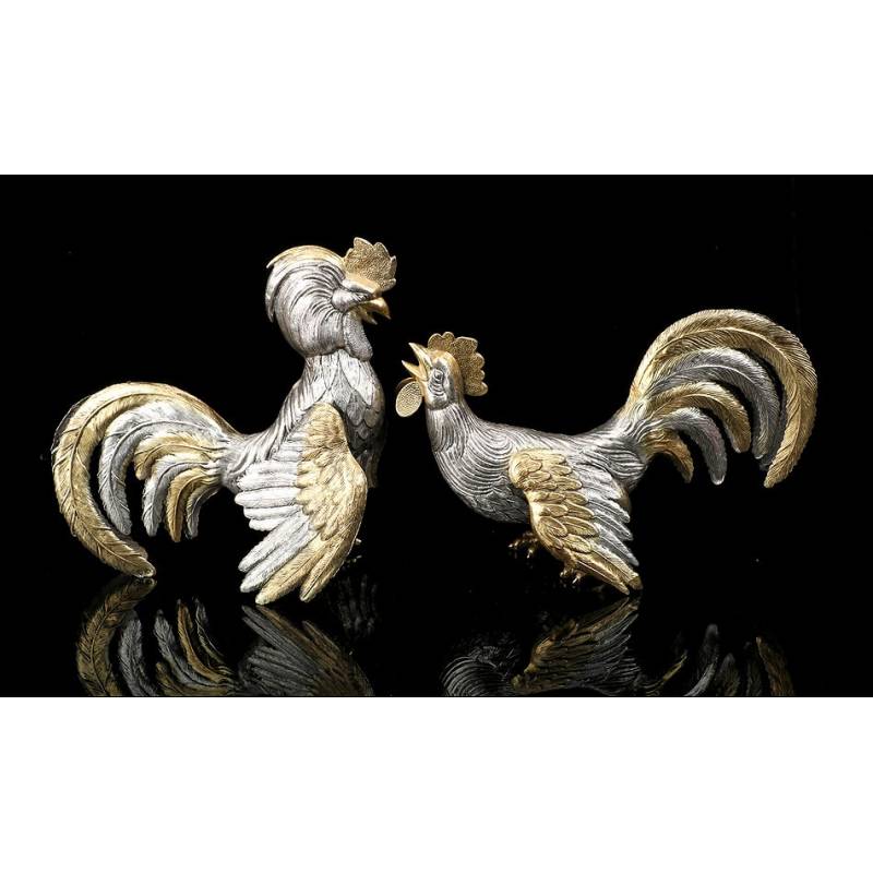 Pair of Solid Silver Roosters. Antique. Spain, Circa 1950