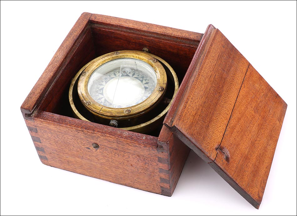 Brass Boat Compass in Varnished Wood Box