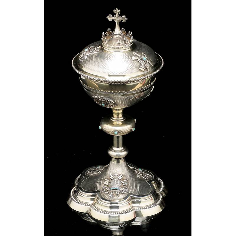 Antique Solid Silver Ciborium with Papal Symbols. Henri Chevron. France, Circa 1900