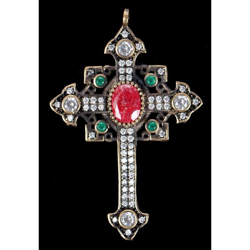 Chest Cross in Silver, Bronze, White Topaz, Agates and Fluorite. Years 70-80s