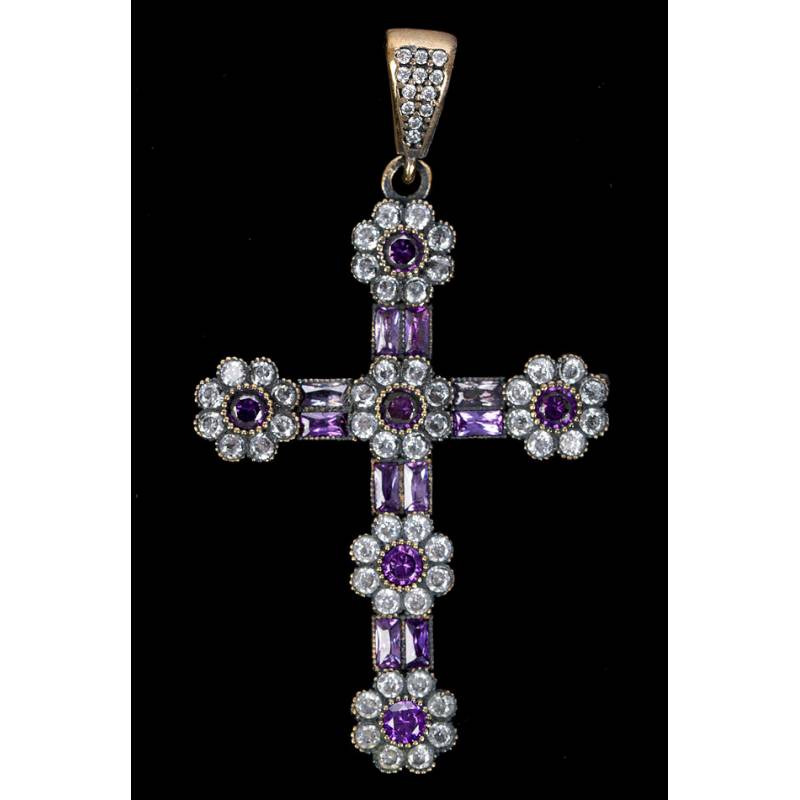 Chest Cross. Silver, Bronze, White Topaz and Amethysts. 1970's-80's
