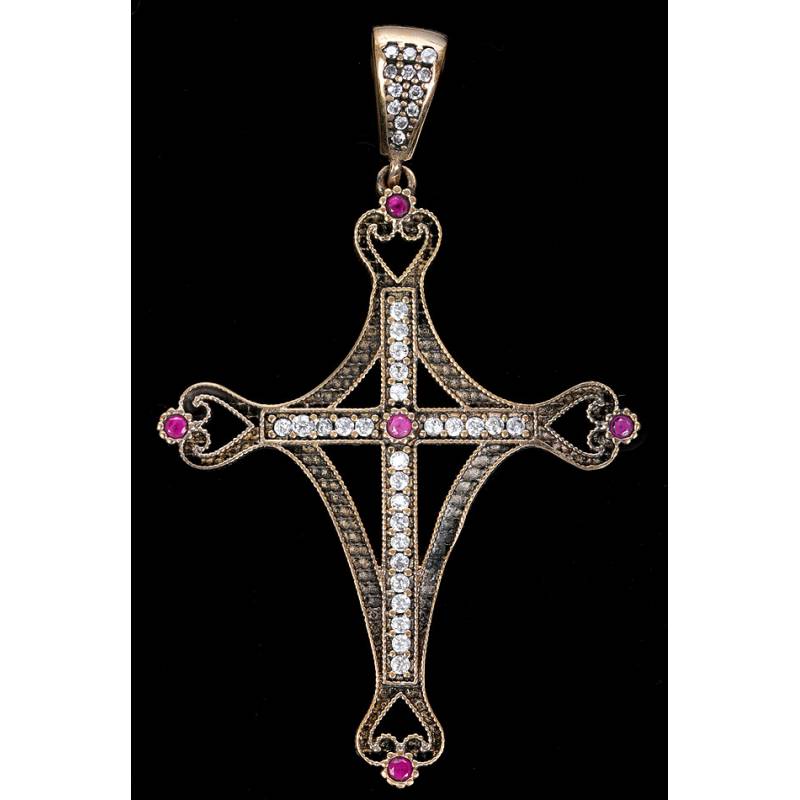 Chest Cross in Silver, Bronze, White Topazes and Pink Calcites. Years 70-80s