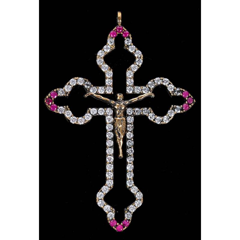 Chest Cross in Silver, Bronze, White Topaz and Pink Calcites. Years 70-80