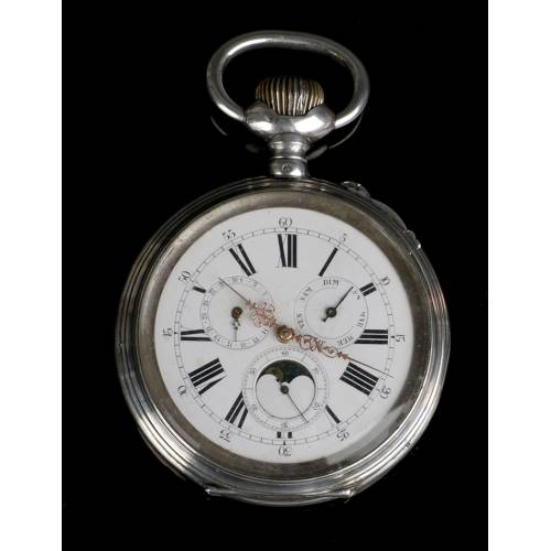 Antique Oversized Silver Pocket Watch, Calendar and Moon Phase. 1890