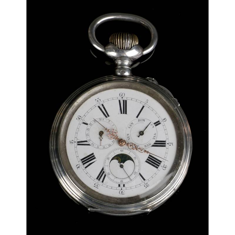 Reloj de Bolsillo Antiguo Sobredimensionado en Plata, Calendario y Fases Lunares. 1890