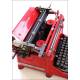 Antique Red Underwood 5 typewriter with Spanish keyboard. Circa 1930's