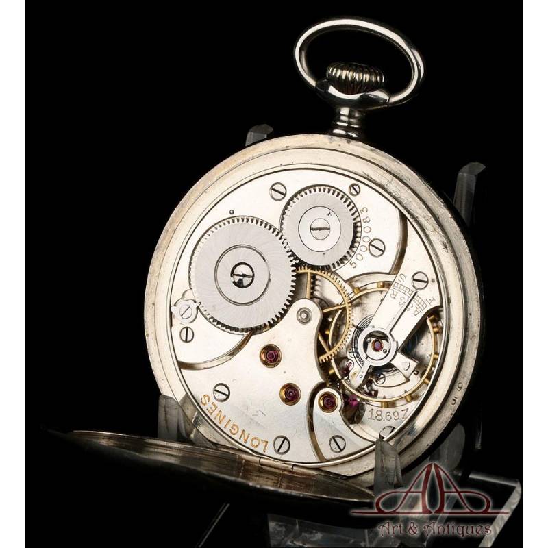 Antique Longines Pocket Watch. Silver plated metal. Circa 1930