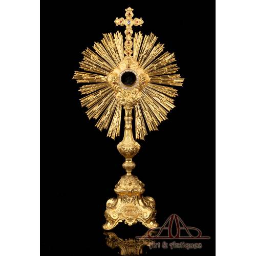 Antique Bejeweled Gold-Plated Metal Monstrance. Early 20th Century