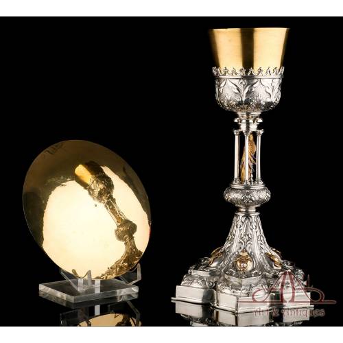 Extraordinary Antique Silver, Gold and Gold-Plated Silver Chalice. Diamond. Spain, 1900