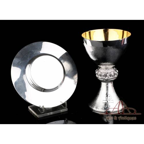 Vintage Solid-Silver Chalice and Paten Set. Last Supper. Spain, 20th Century