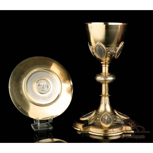 Antique Neo-Gothic Chalice with Medals. Solid Silver. France, 19th Century