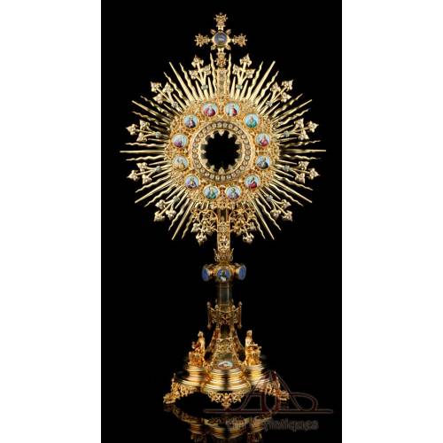 Striking Antique Gilt-Silver Monstrance with Enamels. France, Circa 1890