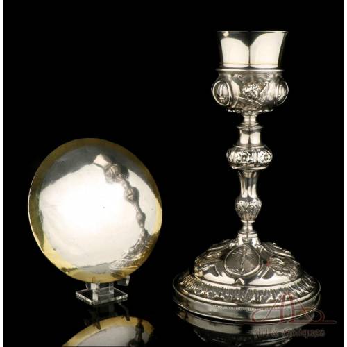 Antique Spanish Solid-Silver Chalice. Paten. Barcelona, Spain, 19th Century