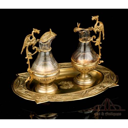 Antique Liturgical Brass Cruet Set. Spain, 19th-20th Century