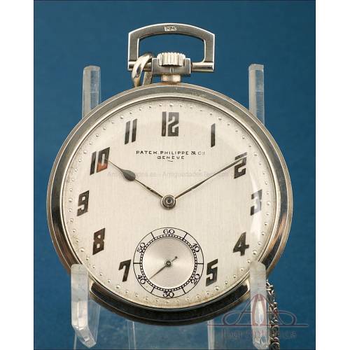 Raro Reloj de Bolsillo Patek Philippe Art Déco. Oro Blanco de 18K. Suiza, años 30