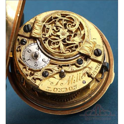 Antiguo Reloj Catalino J. Miller. 2 Cajas de Plata Dorada. Londres, Inglaterra, 1766