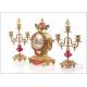 Antique Mantel Pendulum Clock and Candelabra Set. France, 19th Century