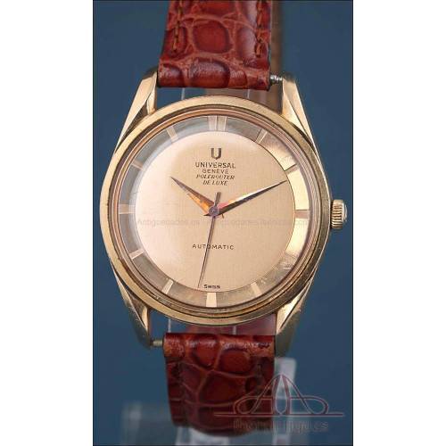 Gorgeous Universal Geneve Polerouter de Luxe Wristwatch. 18K Gold. Switzerland, 1950s