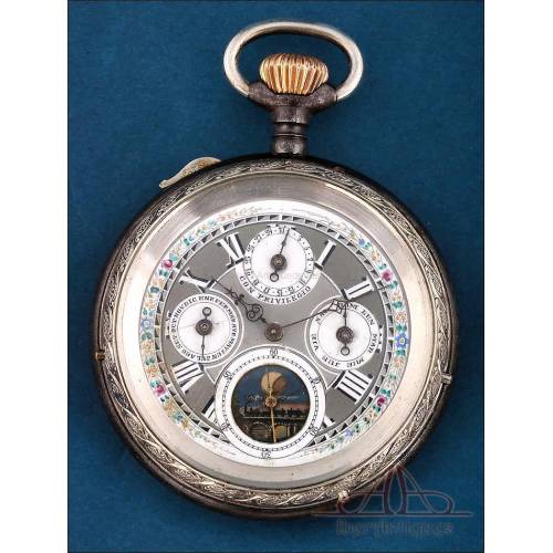 Reloj de Bolsillo Antiguo con Fases Lunares y Calendario, Circa 1900.