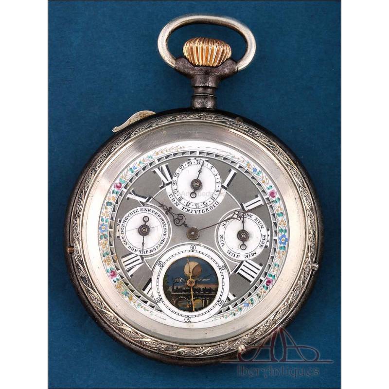 Antique Pocket Watch with Moon Phases and Calendar, Circa 1900.