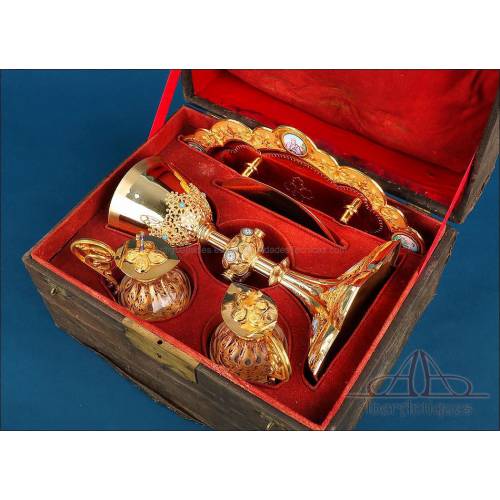 Extraordinary Antique Set of Chalice and Cruets. Gilt Silver and Enamels. France, ca. 1880.