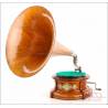 Swiss Gramophone with Blonde Mahogany Horn, c. 1910, Collectible Piece