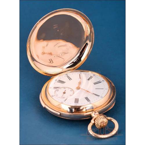 Antiguo Reloj Suizo de Bolsillo, Oro 18K, Sonería a Minutos y 32 Rubíes, 1890