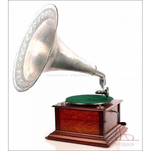 Antique Gramophone with Decorated Aluminum Horn, ca. 1915