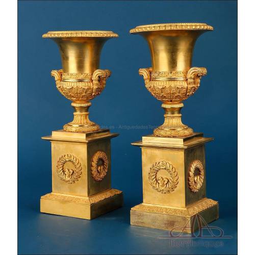 Antique Pair of French Gilded Bronze Vases, 19th Century