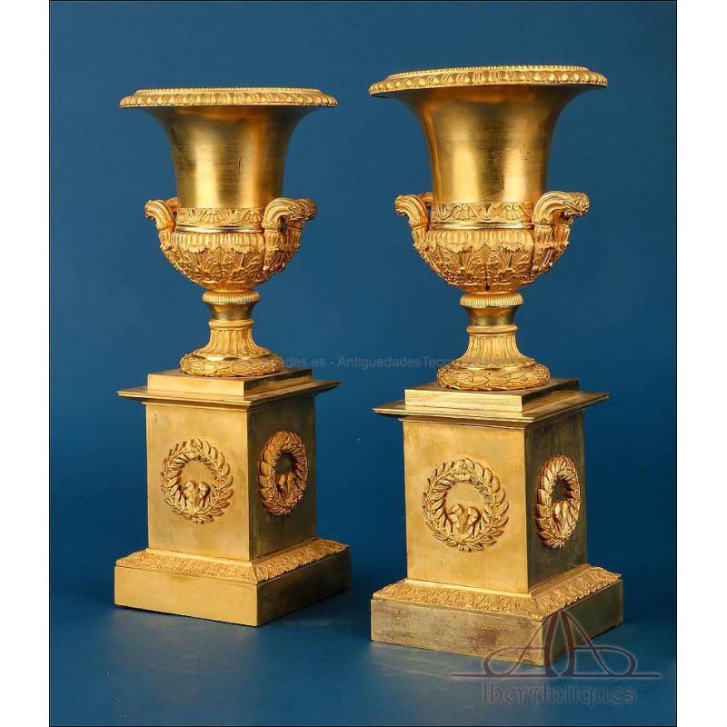 Antique Pair of French Gilded Bronze Vases, 19th Century