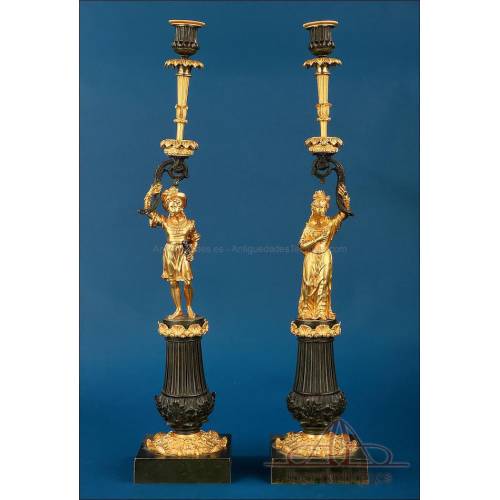 Antique French Gilt and Patinated Bronze Candlesticks, 19th Century