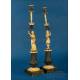 Antique French Gilt and Patinated Bronze Candlesticks, 19th Century