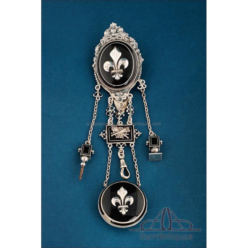 Antique French Leontine or Chatelaine in Silver-Plated Metal and Enamel, France, Circa 1840