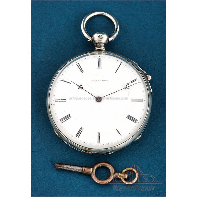 Antiguo Reloj de Bolsillo de Cilindro, Francés, en Plata con Sonería, Francia, 1860